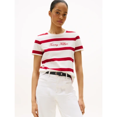 Abbildung von Tommy Hilfiger Damen Script Reg C nk Ss Ww0ww45746 S/S T Shirt, White (Breton STP Iovry/Med Red), XXL