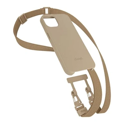 Abbildung von Woodcessories Change Case, Nachhaltige Handykette abnehmbar kompatibel mit iPhone 14 Plus Hülle breitem Gurt Taupe, Wechsel Band aus Oeko TEX Stoff (Taupe)