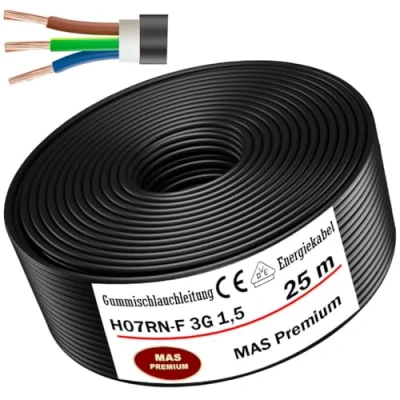 Abbildung von MAS Premium 5 100m Gummischlauchleitung Energiekabel Baustellenkabel H07RN F 3G 1, 1,5, 2,5, 4, 6, 10 oder 3x 1,5 Flexibel Leitung für schweren Geräten (H07RN 3G1,5 mm², 25m)