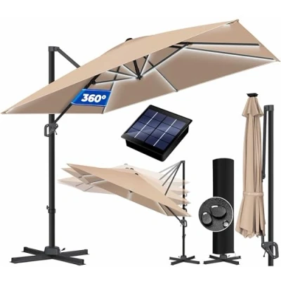 Abbildung von KESSER® Sonnenschirm LED Solar Ampelschirm SUN XL 300 x cm Inkl. Abdeckung +Windsicherung Drehbar Neigbar Kippbar Marktschirm Groß 360 Rotation, Gartenschirm mit Kurbel Sonnenschutz, Taupe