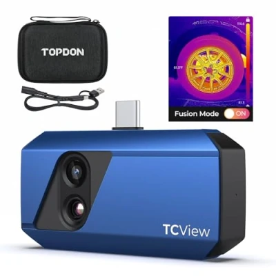 Abbildung von TOPDON TC001 Plus Wärmebildkamera für Android, 256 x 192 IR hohe Auflösung mit visueller Kamera, Temperaturbereich 20 bis 550 C, 25 Hz, Dual Objektiv Thermobildkamera Smartphones, Tablet und PC