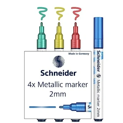 Abbildung von Schneider Paint It Metallicmarker 4er Set (Set 1, Strichstärke 2 mm, neue Pigmenttechnologie, starker Glitzereffekt) blau, grün, rot, gelb