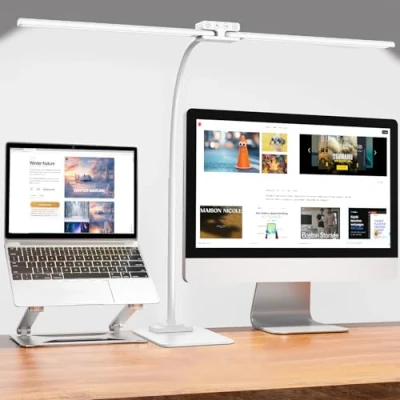 Abbildung von EppieBasic 24W Doppelkopf Schreibtischlampe LED Dimmbar mit Metallbasis, 80cm Groß für Homeoffice, Augenschutz Schwanenhals Büro Tischlampe, Monitor Lampe, Tageslichtlampe Weiß