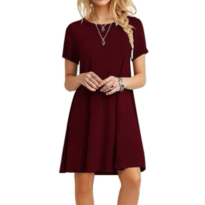 Abbildung von MOLERANI Damen Sommerkleider Casual T Shirt Kurzarm Strandkleid Loose Swing Kleid (S, Weinrot)