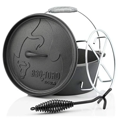 Abbildung von BBQ Toro Dutch Oven Alpha Serie 3,1 Liter (DO45AX), Topf ohne Füße bereits eingebrannt preseasoned Gusseisen Kochtopf Bräter mit Deckelheber