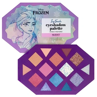 Abbildung von Mad Beauty Disney Frozen Elsa Icy Touch Lidschatten Palette zum 10. Jahrestag, vierzehn Farbtöne plus Glitzer Topper, Kosmetikgeschenke