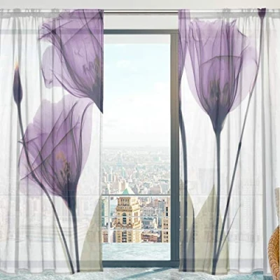Abbildung von Mnsruu Vorhänge mit Blumen, durchsichtig, 213 cm lang, Voile, für Wohnzimmer/Schlafzimmer