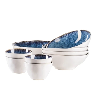 Abbildung von MÄSER Serie Frozen 9 teiliges Bowl Set aus schöner Keramik, 1 Salatschüssel, 4 Ramen Schalen und Dip Schälchen, organische Formen im Vintage Look, händisch lasiert, Steinzeug, Blau, 26