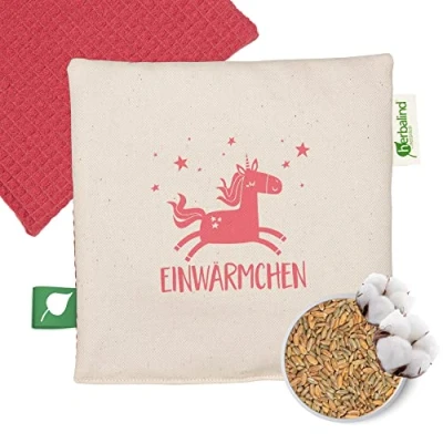 Abbildung von Herbalind Bio Wärmekissen für Baby &amp; Kinder Einwärmchen im Einhorn Motiv Getreide Körnerkissen Nachhaltig produziert Made in Germany, 100% Baumwolle, 19x19 cm Geschenk