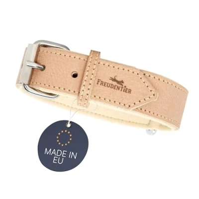 Abbildung von FREUDENTIER® Hundehalsband aus Leder, Made in Holland, gefüttert &amp; super komfortabel, hochwertiges breites Lederhalsband Vollnarbenleder, Model “Amstelpark (47 57cm Halsumfang, Sand)