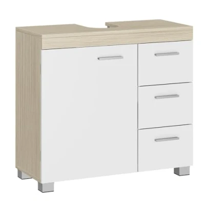 Abbildung von VASAGLE Waschbeckenunterschrank, Badezimmerschrank mit 3 großen Schubladen, Badschrank, 2 Fächer hinter der Tür, Badezimmer Unterschrank Füßen, 30 x 70 64 cm, wolkenweiß naturbeige BBK503K01