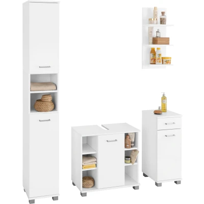 Abbildung von Schildmeyer Badmöbel Set &quot;Mobes, Made in Germany&quot;, (Set, 4 St.), Hochschrank, Waschbeckenunterschrank, Unterschrank und Wandregal