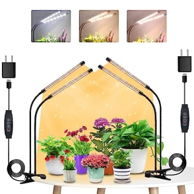 Abbildung von 2Köpfe+2Köpfe Pflanzenlampe LED, Pflanzenlicht Vollspektrum, Pflanzenleuchte mit Zeitschaltuhr, 3 Farbmodi und 10 Stufen Dimmbar, Wachstumslampe für Innenpflanzen, Zimmerpflanzen