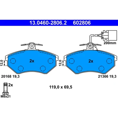 Abbildung von ATE 13.0460 2806.2 Bremsbelagsatz inkl. Verschleißwarnkontakt mit Bremssattelschrauben VOLKSWAGEN: GOLF 3, Vento