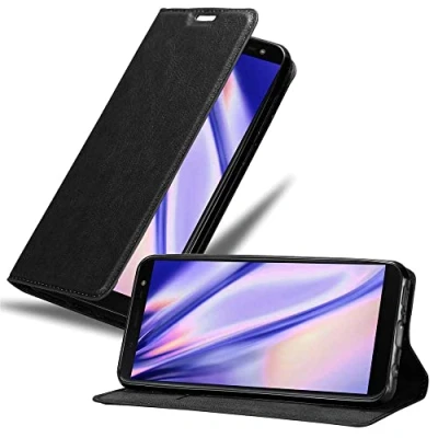 Abbildung von Cadorabo Hülle kompatibel mit Samsung Galaxy J6 2018 aus Premium Kunst Leder Flip Klappbare Stoßfeste Magnetische [Standfunktion] [Kartenfächern] Cover für Tasche in Schwarz