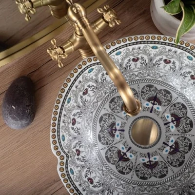 Abbildung von wohnwerk.idee Aufsatzwaschbecken Waschbecken Vintage Blau Orientalisch Bunt Ornamente Asanti