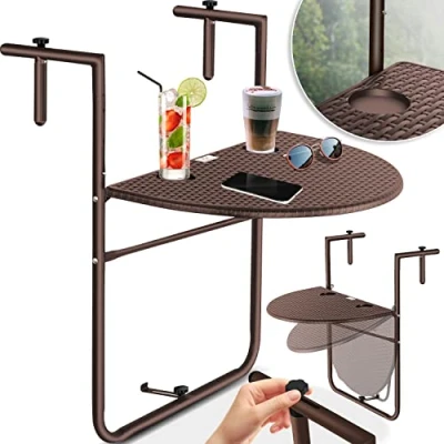 Abbildung von KESSER® Balkonhängetisch klappbar Balkontisch zum Einhängen Balkon Hängetisch 3 Fach höhenverstellbarer Klapptisch Balkongeländer wetterfest mit 2X Getränkeplätze Tischplatte BxT: 62 x 60 cm, Braun