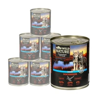 Abbildung von Dehner Wild Nature Hundefutter Hochmoor, Nassfutter getreidefrei / zuckerfrei, für Welpen und junge Hunde, Gefügel Ente, 6 x 800 g (4.8 kg)
