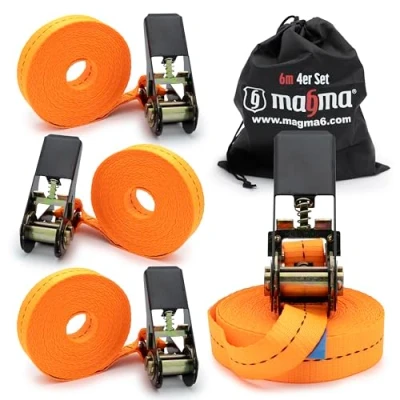 Abbildung von MAGMA 4 Spanngurte mit Ratsche 6m I Befestigungsriemen, Dachträger, Anhänger Längenverstellbare Spannriemen Binden Sie Kajak, Surfbrett, Kanu, Fahrrad, Motorrad Last: 1600kgf/Unit. Orange