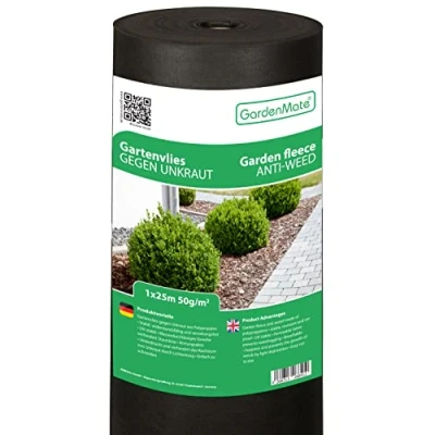 Abbildung von GardenMate 25m² Unkrautvlies Gartenvlies wasserdurchlässig Unkrautfolie Gartenflies Unkrautflies auf Rolle 1m x 25m 50g/m² Gartenfolie Reißfestes Unkrautschutzvlies Hohe UV Stabilisierung