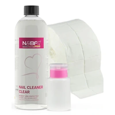 Abbildung von NAILS FACTORY N&amp;BF Nagel Cleaner Set 1000ml + Dispenser Pumpflasche 1000 Zelletten Cellulose Pads (2 Rollen à 500 Stück) 70% Isopropanol Alkohol isopropylalkohol 1L für Gelnägel (Rosa 150)