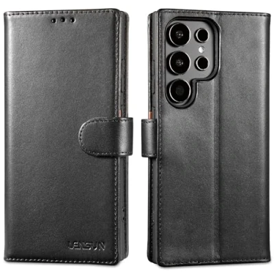 Abbildung von LENSUN Echtleder Hülle für Samsung Galaxy S24 Ultra, Handyhülle [Echtes Leder][RFID Schutz][Standfunktion] Lederhülle Handytasche Ultra 5G Schwarz