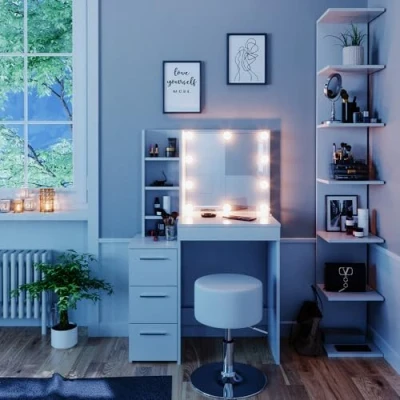 Abbildung von Vicco Schminktisch Meryl, Weiß, 80 cm mit LED Beleuchtung und Hocker