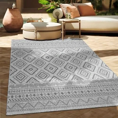 Abbildung von Paco Home In &amp; Outdoor Teppich Balkon Terrasse Küchenteppich Modernes Boho Ethno Muster, Grösse:60x100 cm, Farbe:Anthrazit