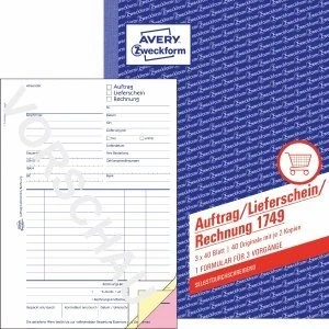 Abbildung von AVERY Zweckform 10 x Formularbuch Auftrag/Lieferschein/Rechnung A5 selbstdurchschreibend 3x40 Blatt