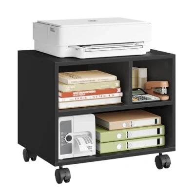 Abbildung von WOLTU Druckertisch mit Rädern, mobiler Druckerständer, Druckerhalter, Druckerwagen auf Rollen, Bürocontainer rollbar, Aktenwagen, 3 Fächern, für Büro Arbeitszimmer, 40x35x30 cm, schwarz, ASK06sz