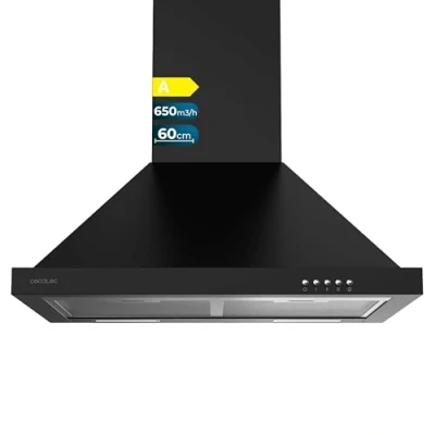 Abbildung von Cecotec Bolero Flux PM 606500 Dunstabzugshaube, 60 cm, Schwarz A, Motor 165 W, Edelstahl Finish, Saugleistung 650 m3/h, mechanische Steuerung, 3 Leistungsstufen, Licht und Kohlefilter