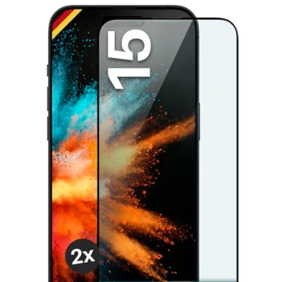 Abbildung von moex Full Screen Schutzglas kompatibel mit Apple iPhone 15 Schutzfolie randlos, ganzer Bildschirm, Curved 3D Folie, Clear 2x Schwarz