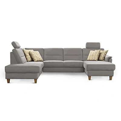 Abbildung von CAVADORE U Form Sofa Palera / Wohnlandschaft mit Schlaffunktion, Stauraum und Federkern 314 x 89 212 Mikrofaser, Hellgrau