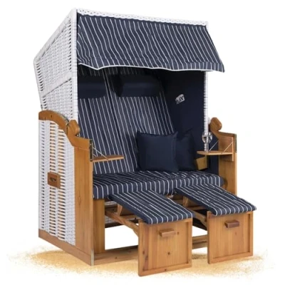 Abbildung von Strandkorb Hanse Ostsee XXL Volllieger Weiß Blau 2 Sitzer 120cm breit, ideal für Garten, Terrasse und Balkon (Weiß Nadelstreifen, Montiert)