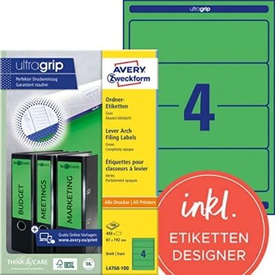 Abbildung von AVERY Zweckform L4768 100 Ordnerrücken Etiketten (400 Rückenschilder mit ultragrip, 61x192 mm auf A4, breit/kurz, selbstklebend, absolut blickdicht, bedruckbare Ordneretiketten) Blatt, grün