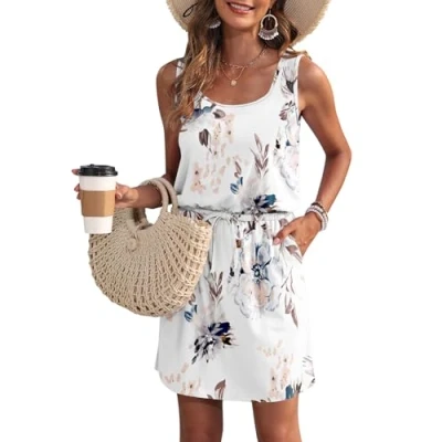 Abbildung von WNEEDU Sommerkleid Damen Ärmellose Strandkleid U Ausschnitt KordelzugKleid Luftiges Kleid Sommer mit Taschen Florales Weiß M