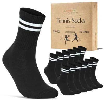 Abbildung von Damen Tennissocken (6 Paar) Sportsocken mit verstärkter Ferse &amp; Fußspitze, gepolsterte Sohle Baumwolle Atmungsaktive Retro Crew Socken 70107T (Schwarz Ringel 39 42)