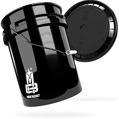 Abbildung von MAGIC BUCKET Wascheimer Set für Auto Handwäsche Schwarz mit passendem Eimer Deckel 5 US GALLONEN ca. 20 Liter kompatibel Grit Guard, Detail Guardz Dirt Lock, Chemical Guys Trap