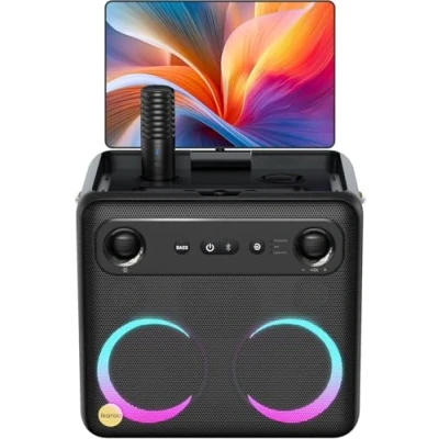 Abbildung von Ikarao Karaoke Maschine mit 2 Mikrofonen(Selbstaufladend), 10.1&quot; Tablet, Liedtextanzeige &amp; App, 600W, Bass Boost, Tragegurt, System für Kinder Erwachsene, Zuhause, Garten, Geschenk