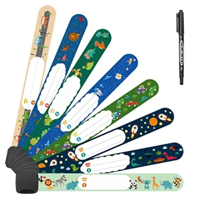 Abbildung von Vicloon Notfall Armband für Kinder &amp; Marker, 8 Stück Sicherheits ID Armband, Anti verloren Notfallarmband Wasserdichtes Wiederverwendbares Jungen Kleinkind Baby