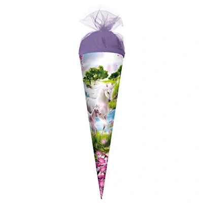 Abbildung von ROTH Geschenk Schultüte klein Einhorn mit Fohlen 35 cm rund Tüllverschluss Zuckertüte