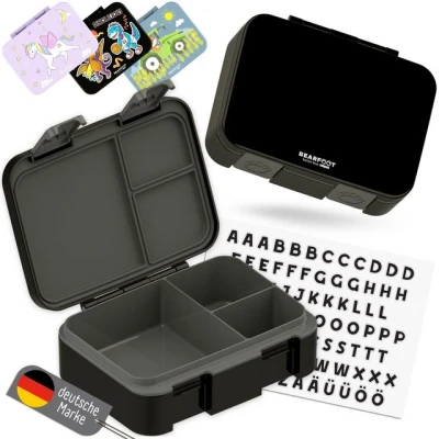Abbildung von BEARFOOT Lunchbox Brotdose mit Fächern, leicht &amp; auslaufsicher schwarz, PP, ABS, Silikon, Kindergarten und Schule Mädchen Jungen, Vesperbox, Snackbox
