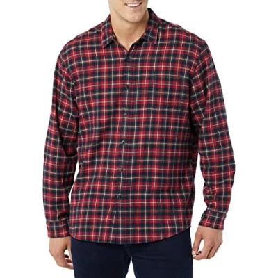 Abbildung von Amazon Essentials Herren Langarmhemd aus Flanell (in Übergröße erhältlich), Dunkelrot Karomuster, XS