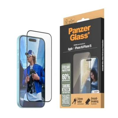Abbildung von PanzerGlass® Eyecare Displayschutz für Apple iPhone 16, blendfrei, Blaulichtfilter, gehärtetes Glas, hohe Kratzfestigkeit, stoßfest mit Montierhilfe einfache Installation