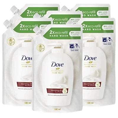 Abbildung von 6 x Dove Öko Nachfüllpackung aus hochwertiger Seide, feuchtigkeitsspendend, Handseife, glatte und weiche Haut Nachfüllpackungen à 500 ml