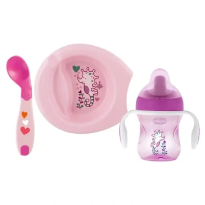 Abbildung von Chicco Geschenkset 6+, Baby Geschirrset enthält 2 teiligen Babyteller, Trinkbecher und Entwöhnungslöffel, Babybesteck 6+ Monate