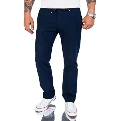 Abbildung von Rock Creek Herren Leinen Optik Hose Stoffhose Sommerhose Regular Fit Chino Hosen Männer Gummizug Herrenhosen Lang Strandhose RC 2152 Petrolblau W38 L34