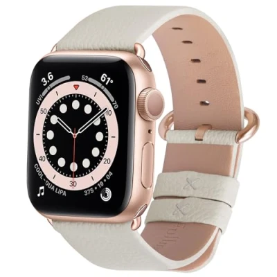 Abbildung von Fullmosa kompatibel mit Apple Watch Armband 41mm Series 9 8 7,Series SE 6/5/4 40mm,Series 3/2/1 38mm, Leder Ersatzarmband für iwatch Band, Elfenbein weiß + Roségoldene Schnalle