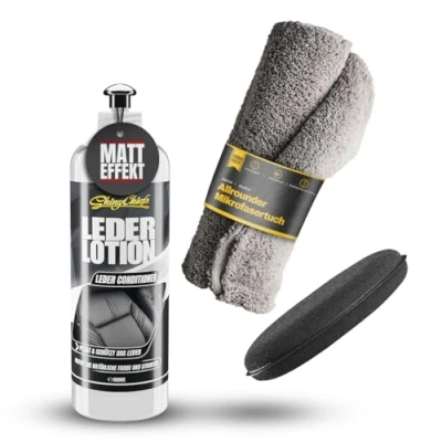 Abbildung von ShinyChiefs Leather Lotion 2in1 Lederpflege Set Premium Lederreiniger und Pflege für den Auto Innenraum Silikonölfreie, Nicht abfärbende Lederveredelung mit Applikator &amp; Mikrofasertuch, 500ml