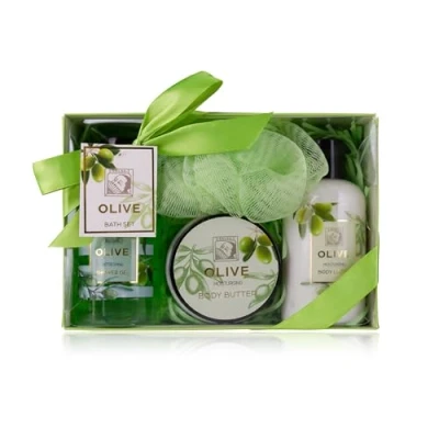 Abbildung von Accentra Duschset Frauen Geschenkset OLIVE in schöner Geschenkbox 4 teiliges Pflegeset mit Duschgel, Bodylotion, Körperbutter und Netzschwamm Wellness Geschenk Set zum Geburtstag